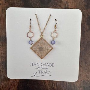 New Handmade Gold-Tone Earrings and Real Forget-Me-Not Flower Necklace Set (V6)